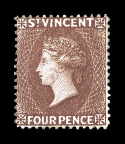 S.G. 50, 1885 4p Red brown, a remarkably choice mint example of this elusive and difficult stamp, possessing exceptional overall freshness, deep luxuriant color and a deeply
etched impression, well centered for the issue, full o.g., lightly hing