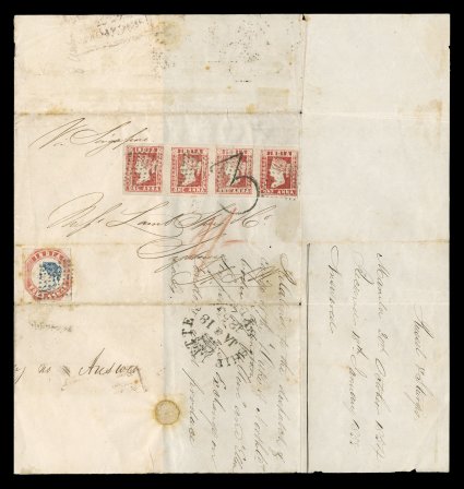 The remarkable and highly important October 30, 1854 folded cover from Manila, Philippines to Sydney, Australia and carried privately to Singapore, bearing India 1854 1a Deep
red, Die II, horizontal strip of four (S.G. 13) with ample to mostly v