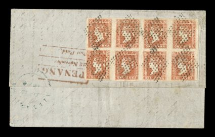 November 1854 folded letter from Penang to Marseilles via Alexandria bearing on the reverse a lovely India 1854 1a Red, Die I, A Stone block of eight (4x2, positions 17-2025-28
S.G. 12), with large margins all around, cancelled and tied by d