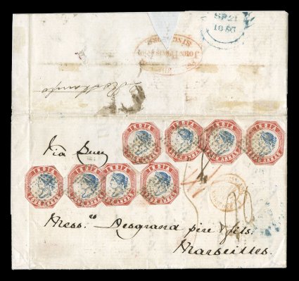 August 8, 1855 folded letter from Hong Kong to Marseilles, carried privately to Singapore, showing nearly complete red oval cachet Forwarded ByJohn Purvis & SonSingapore on
reverse, and impressively franked with India 1854 4a Blue and red, fo