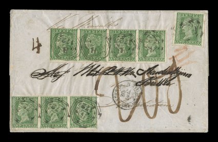 November 19, 1856 folded cover from Singapore to Amsterdam, franked with India 1854 2a Green (S.G. 31) horizontal strip of four (cut into at left), horizontal strip of three
(cut into slightly at sides) and a four-margined single, all cancelled