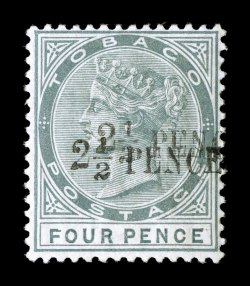 S.G. 31b, 1891 2 12 Pence Surcharge on 4p Grey, double surcharge, a premium mint example of this very scarce and seldom offered error, wonderfully fresh, well centered, o.g.,
lightly hinged, very fine and exceedingly choice 1990 RPS certific