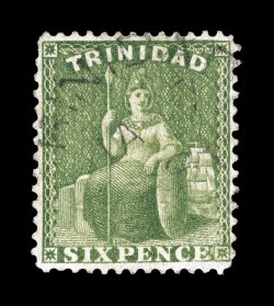 S.G. 79, 1876 6p Yellow green, perforated 14 x 12 12, an exceptional quality used example of this important British West Indies rarity, which is only known used, boasting far
better centering than typically found, as most have the perforations