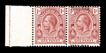 S.G. 143c, 1917 War Tax Overprint on 1p Red, horizontal pair, one with overprint omitted, left sheet-margin pair, the left stamp without overprint and the right stamp with
overprint split between top and bottom, deep rich color, o.g., lightly