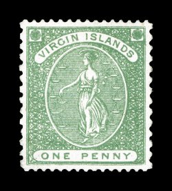 S.G. 5a, 1866 1p Green, the very rare perf. 15x12 on toned paper, unused, without question the finest centered example of the very few in existence, with perfectly balanced
margins all around, deep rich color on bright paper, extremely fine