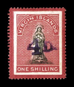 S.G. 42c, 1888 4D Surcharge on 1- Black and Rose carmine on toned paper, long tailed S variety in ISLANDS, choice mint example, well centered within large margins, rich colors,
o.g., lightly hinged, very fine (Scott 18 var.).