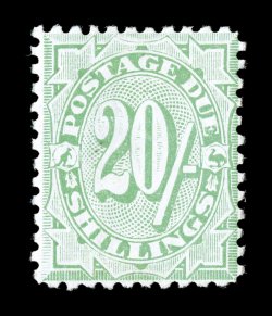 S.G. D62, 1909 20- Dull green postage due, an incredibly choice mint example of this key rarity of Australia, possessing far superior centering than typically found on the few
existing copies, strong fresh color on clean crisp paper, o.g., ligh