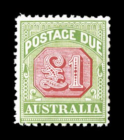 S.G. D73, 1909 £1 Rosine and yellow green postage due, perf. 12x12 12, fresh mint example of this elusive and difficult stamp, attractively centered, strong colors, o.g., very
fine for the issue (Scott J49 $950.00).