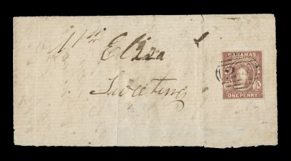 S.G. 1, 1860 1p Reddish lake on thick paper, ample to mostly large margins all around, strong rich color, neatly and clearly tied by out-islands numeral 27 in barred oval cancel
to large part of 1860 (March 11) folded entire addressed to Mrs