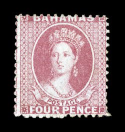 S.G. 18, 1862 4p Dull rose, perf. 13, a very rare unused example of this difficult stamp, strong rich color, small part disturbed o.g., fine 1999 BPA certificate (Scott 9
$3,500.00).