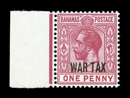 S.G. 97a, 1918 War Tax overprint on 1p Carmine, watermarked sideways, a pristine left sheet-margin example of this scarce variety, deep rich color, wonderfully well centered,
o.g., n.h., extremely fine 1992 RPS certificate for a block of four