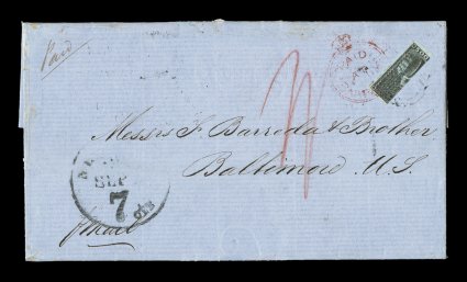 S.G. 4b, 1854 (2p) Greyish slate, vertical bisect, right half with large margins virtually all round, neatly tied by both an oval barred 1 obliterator and Paid  at  Barbadoes
Crowned circle h.s. in red, on 1854 (Aug. 11) entire letter to B