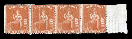 S.G. 62, 1873 6p Orange vermilion, perf. 11 to 12, wmk. large star, unused right sheet-margin horizontal strip of four, lovely bright color, scissors trimmed at top close to the
design, otherwise well centered within the strip and fresh this va