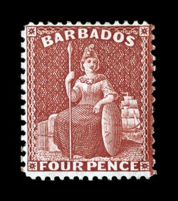 S.G. 84, 1875 4p Red, perf. 14x12 12, wmk. Crown CC, an exceptional quality mint example of this seldom offered stamp, featuring intensely rich color and a crisp impression on
bright white paper, marvelously well centered, o.g., very fine