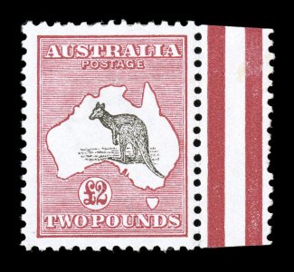 S.G. 16, 1913 £2 Black and rose, handsome inter-panneau right sheet-margin example, especially well centered and margined, deep rich colors, o.g., very fine and quite choice
(Scott 15 $5,750.00).