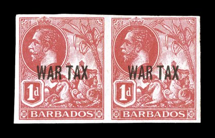 S.G. 197 var., 1917 War Tax overprint on 1p Bright red, imperforate horizontal pair, a very scarce unissued variety, clear to large margins all around, o.g., right stamp with
light creases, otherwise very fine one of the important War Tax r