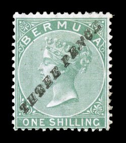 S.G. 13, 1874 Three Pence surcharge on 1- Green, surcharge in italic capitals with plain P, an especially fresh mint example, possessing strong vibrant color and impression on
bright paper, attractively centered, o.g., nearly very fine for