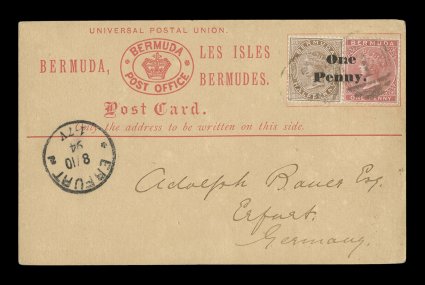 1893 One Penny. provisional postcard surcharge, setting C of the surcharge (the rarest of the three settings known), perfectly positioned between 12p Stone and 1p Dull rose
Victoria adhesives (S.G. 19, 22), used on post card to Erfurt, German