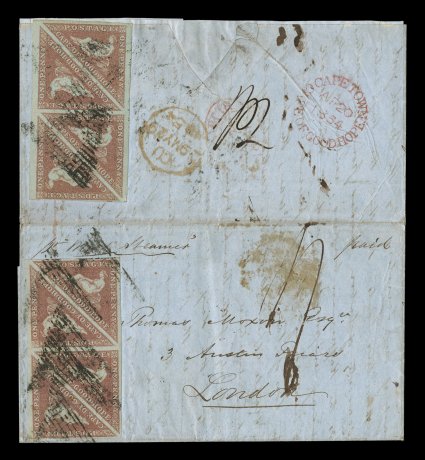 S.G. 1, 1853 1p Pale brick red, two blocks of four each, both with ample to mostly large margins, deep rich color, together used to frank an impressive April 18, 1854 blue
folded entire from Post Elizabeth to London (one block on front and the o