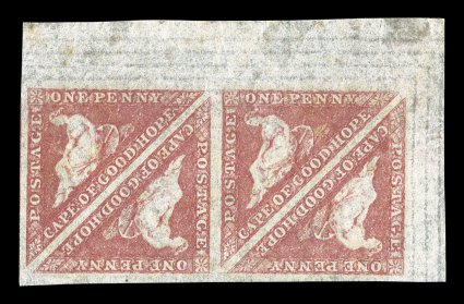 S.G. 5a, 1858 1p Rose on cream toned paper, an extraordinarily handsome and choice corner sheet-margin block of four, huge margins all around, bright fresh color and impression,
full o.g., couple of natural and trivial paper wrinkles, extremely