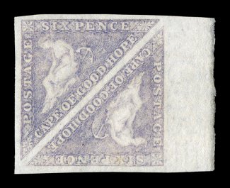 S.G. 7b, 1858 6p Deep rose lilac on white paper, a gem mint marginal pair, featuring large to huge margins all around and lovely rich color, wonderfully fresh overall, nearly
full o.g., extremely fine a magnificent quality pair of a very scarce