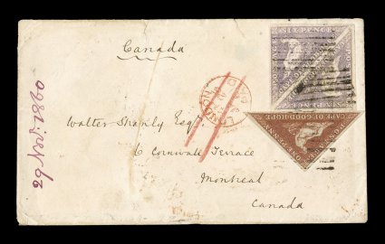 S.G. 7b, 1858 6p Deep rose lilac on white paper, a lovely square pair with large balanced margins all around and rich color, used in combination with a single 1p Rose red (S.G.
5b, with deep rich color and large margins as well) on a petite Dec