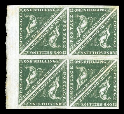 S.G. 8b, 1859 1- Dark green on white paper, a striking marginal mint block of eight, extraordinarily fresh, with deep luxuriant color and impression, huge margins all around
including a sizable sheet margin on one side, full o.g., lightly hinge