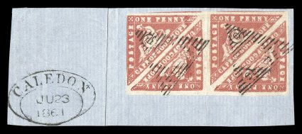 S.G. 13a, 1861 1p Carmine Wood Block, a splendid used block of four beautifully tied to small folded piece by two perfect strikes of CGH barred triangles, with oval CaledonJu
231861 oval postmark to left, the block features enormous marg