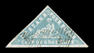 S.G. 14, 1861 4p Pale milky blue Wood Block, a most desirable premium quality used example, without any of the flaws so often encountered on these rare and difficult stamps,
possessing large to very large margins all around, strong rich color