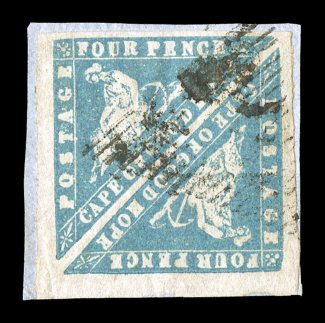 S.G. 14a, 1861 4p Pale grey blue Wood Block, an eye-arresting square pair, featuring large to mostly enormous margins all around, plus its color is especially deep and rich,
tied to a small piece by a single triangular cancellation, extremely