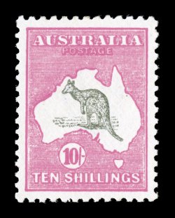 S.G. 43a, 1918 10- Grey and bright aniline pink, highly select mint single, precisely centered within large well balanced margins, rich fresh colors, o.g., lightly hinged,
extremely fine ex-Samos (Scott 55 var. $675.00).