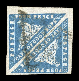 S.G. 14c, 1861 4p Deep bright blue Wood Block, an incredibly handsome used square pair of this rare shade, quite likely the finest used pair of this stamp in existence,
featuring large to mostly enormous margins all around, beautifully ric
