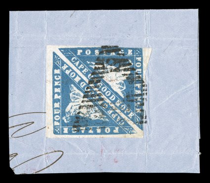S.G. 14c, 1861 4p Deep bright blue Wood Block, another extremely rare used square pair, with clear to very large margins all around except at one side where about one third is
touched or just slightly cut into, strikingly intense color and imp