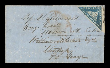 S.G. 14c, 1861 4p Deep bright blue Wood Block, a remarkably choice example of this distinctive color, with large to enormous margins all around, sensationally deep rich color,
lightly tied to an undated redirected folded letter, addressed to P