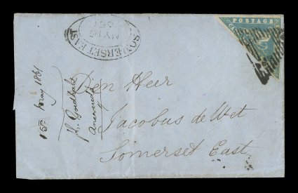 S.G. 14d, 1861 4p Blue Wood Block, large margins on two sides, close on the third, strong rich color, tied to 1861 folded entire by triangular cancellation, letter written in
Dutch, from Graaf Reinet and addressed to Somerset East, red oval G