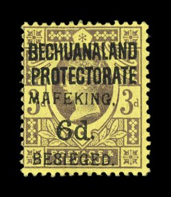 S.G. 9, 1900 6p Mafeking surcharge on 3p Purple on yellow, fresh mint example of this very rare stamp, possessing especially strong color on bright paper, o.g., h.r., certainly
fine for this small U. of M. StampCollection handstamp on revers