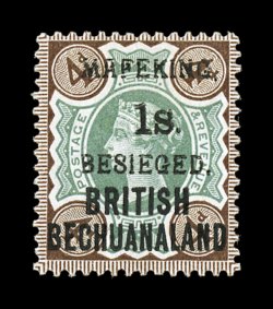 S.G. 11, 1900 1- Mafeking surcharge on 4p Brown and green, highly select mint example of this scarce stamp, exceptionally well centered, deep rich colors, o.g., lightly hinged,
very fine 1994 BPA certificate (Scott 172 $1,500.00).
