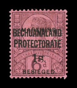 S.G. 14, 1900 1- Mafeking surcharge on 6p Purple on rose red, particularly well centered, strong rich colors, o.g., relatively lightly hinged, very fine an especially select
mint example of this Mafeking surcharge rarity 1998 BPA certificate