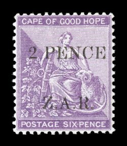 S.G. 3, 1899 2 PenceZ.A.R. Vryburg surcharge on 6p Mauve, uncharacteristically well centered, bright rich color, o.g., lightly hinged, very fine a select premium quality example
of this rare and seldom offered stamp 1974 RPS certificate (Sc