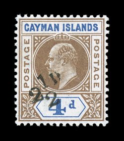 S.G. 35, 1908 2 12d on 4p Brown and blue, an exceptionally fresh and choice example of this key stamp, well centered, deep luxuriant colors on bright paper, o.g., lightly
hinged, very fine signed several times and accompanied by a 1982 RPS cer