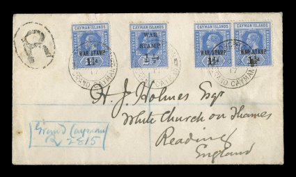 S.G. 55, 1917 WAR STAMP 1 12d Surcharge on 2 12p Deep blue, the rare type 16, a remarkable franking of a single and a horizontal pair of this most important surcharge type
(along with a single of the type 15 surcharge), all tied to a small n