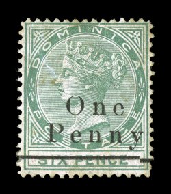 S.G. 18, 1886 One Penny surcharge on 6p Green, an incredibly rare mint example, of which only two are known to exist, this being the better of the two (the other is the ex-Hind
copy which has a slight crease and is not quite as well center