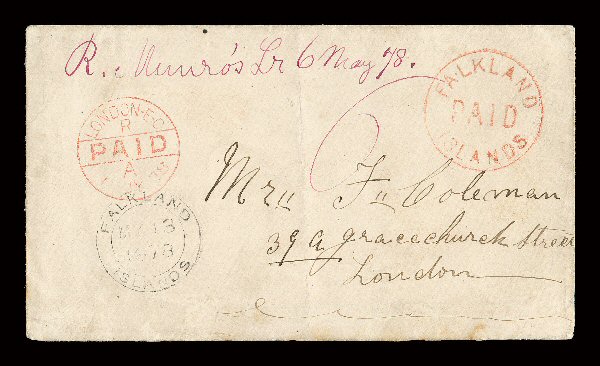 S.G. FR2, FalklandPaidIslands large red frank, complete clear strike on cover addressed to Mr. F. Coleman who was Secretary of the Falkland Islands in London, fine impression of
the Falkland IslandsMy 131878 type F.1 c.d.s. which is 