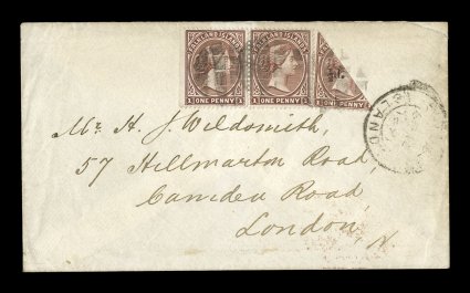 S.G. 14, 8, 1891 12d. Surcharge on 1p Red brown bisect, well tied to cover along with a horizontal pair of the 1p Brownish claret, making up the correct 2 12p rate to London,
light and neat cork obliterators, Falkland IslandsSp 16(?)1
