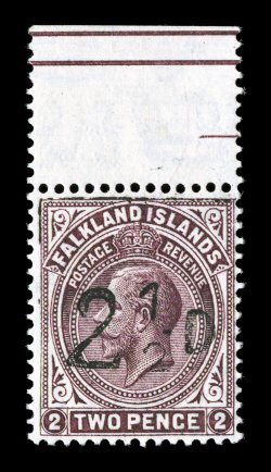 S.G. 115, 1928 2 12D Provisional surcharge on 2p Purple brown, pristine top sheet-margin mint example, wonderfully fresh, deep rich color, attractively centered, o.g., n.h.,
very fine overall seldom encountered never hinged 1997 BPA certifi