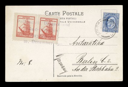 1911 German South Polar Expedition, horizontal pair of red Deutsche Sudpolar Expedition vignettes tied to picture postcard depicting the Deutschland expedition ship by four line
Polarschiff DeutschlandSud-GeogrienGrytviken10. December.1
