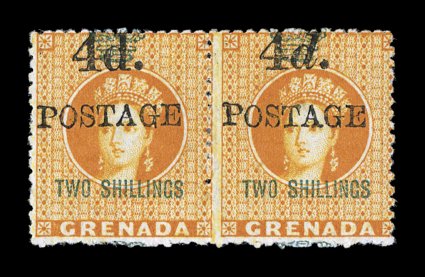 S.G. 41, 41a, 1888 4d.Postage provisional surcharge, 4mm spacing, on 2- Orange revenue, with upright d. in mint horizontal se-tenant pair with normal italics d, centered into
the design at right as almost always found, o.g., small h.r.,