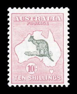 S.G. 112, 1929 10- Grey and pink, pristine mint single, fairly well centered, strong colors, o.g., n.h., nearly very fine quite elusive to find never hinged (Scott 101
$1,600.00).