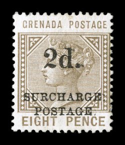 S.G. D7, 1892 2d.SurchargePostage on 8p Grey brown postage due, handsome unused example of this very scarce postage due stamp, rich color, stop following 2d surcharge a bit
heavily impressed, still fine (Scott J7 $3,200.00).