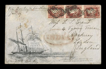 S.G. 12, 1854 1a Red, vertical strip of three tied to lovely Bradshaw & Blacklocks Ocean Penny Post printed envelope to London, design being a highly detailed sailing vessel
with a printed message in the opened sails promoting Ocean Penny